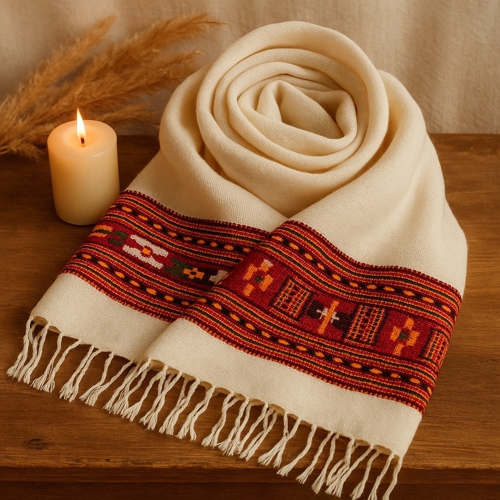 Handwoven Wool Scarf – Vintage Folk Style Wrap 27”x75” + Fringe
